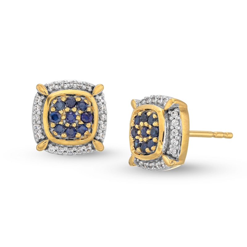 Main Image 1 of Men's Blue Sapphire and 0.12 CT. T.W. Diamond Cushion Frame Stud Earrings in 10K Gold