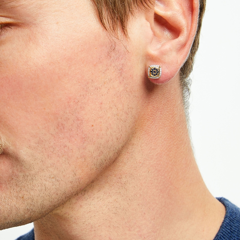 Main Image 2 of Men's Blue Sapphire and 0.12 CT. T.W. Diamond Cushion Frame Stud Earrings in 10K Gold