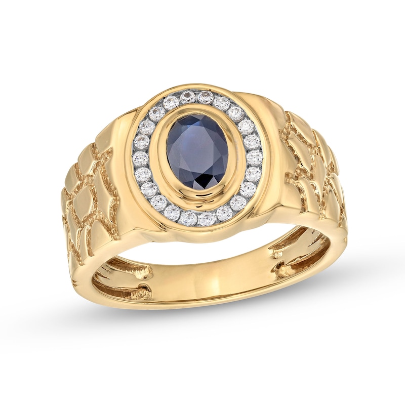 Men's Faceted Oval Blue Sapphire and 0.19 CT. T.W. Diamond Frame Nugget Ring in 10K Gold - Size 10|Peoples Jewellers