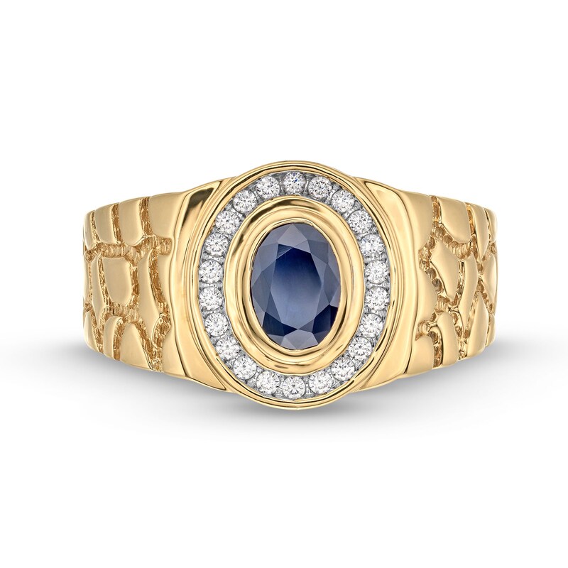 Men's Faceted Oval Blue Sapphire and 0.19 CT. T.W. Diamond Frame Nugget Ring in 10K Gold - Size 10