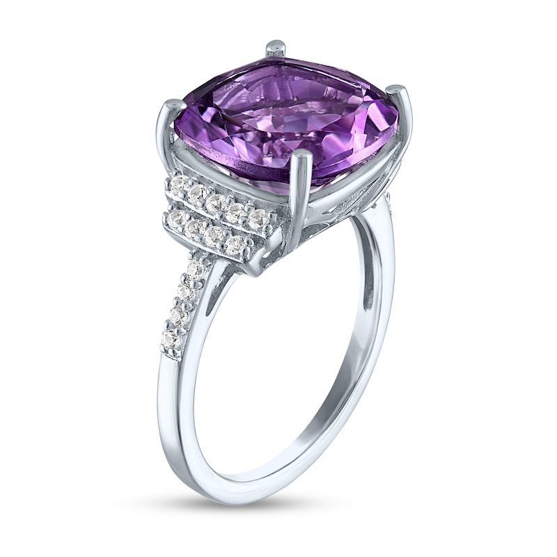 Main Image 3 of Cushion-Cut Amethyst and White Lab-Created Sapphire Ring in Sterling Silver
