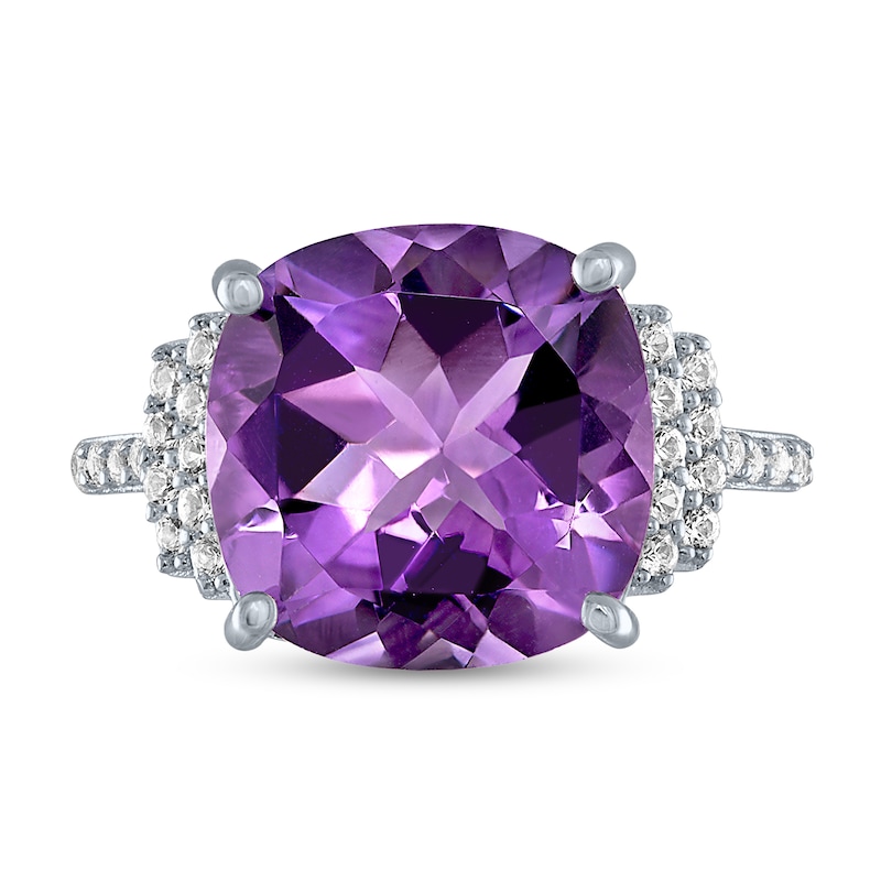 Main Image 4 of Cushion-Cut Amethyst and White Lab-Created Sapphire Ring in Sterling Silver