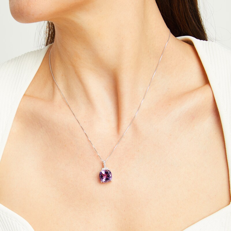 Main Image 2 of Cushion-Cut Amethyst and White Lab-Created Sapphire Pendant in Sterling Silver