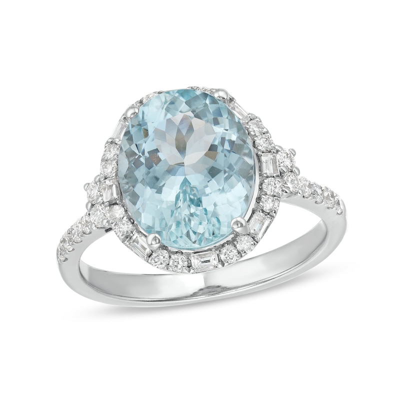 EFFY™ Collection Oval Aquamarine and 0.45 CT. T.W. Diamond Frame Ring in 14K White Gold|Peoples Jewellers