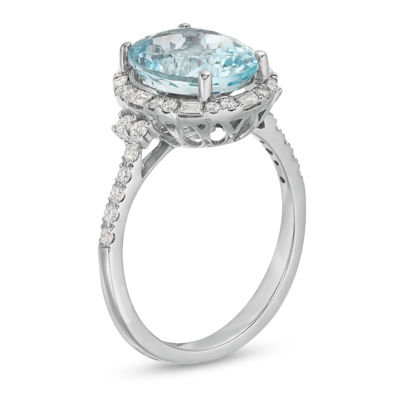 Main Image 3 of EFFY™ Collection Oval Aquamarine and 0.45 CT. T.W. Diamond Frame Ring in 14K White Gold