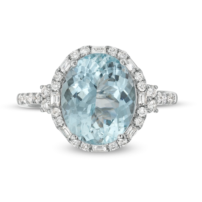 Main Image 4 of EFFY™ Collection Oval Aquamarine and 0.45 CT. T.W. Diamond Frame Ring in 14K White Gold