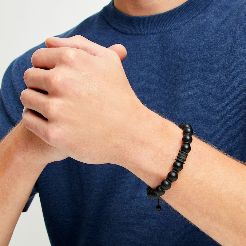 Main Image 2 of Men's Onyx Bead Adjustable Bracelet with Black Ion-Plated Stainless Steel