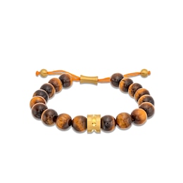 Men's Tiger's Eye Bead Adjustable Bracelet with Yellow Ion-Plated Stainless Steel