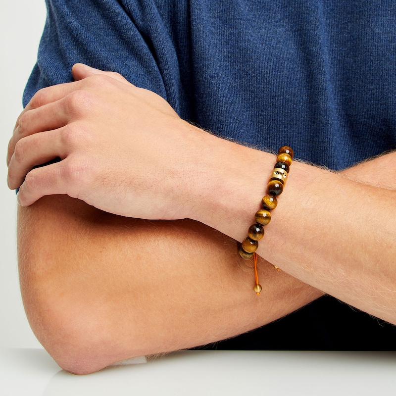 Main Image 2 of Men's Tiger's Eye Bead Adjustable Bracelet with Yellow Ion-Plated Stainless Steel
