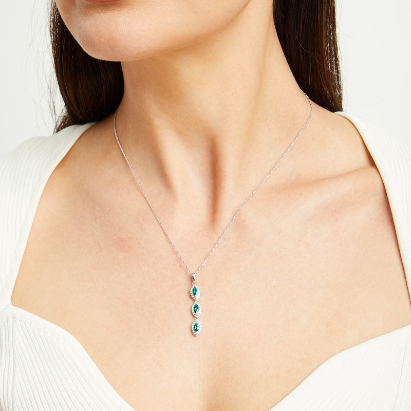 Main Image 2 of Marquise Lab-Created Emerald and White Lab-Created Sapphire Drop Pendant in Sterling Silver