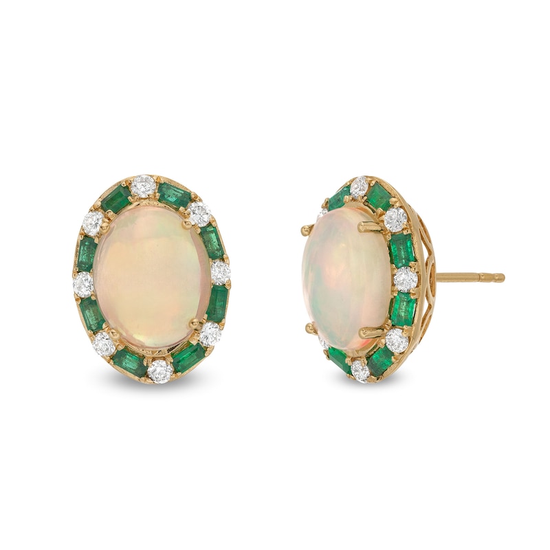 EFFY™ Collection Oval Opal, Emerald and 0.37 CT. T.W. Diamond Frame Earrings in 14K Gold