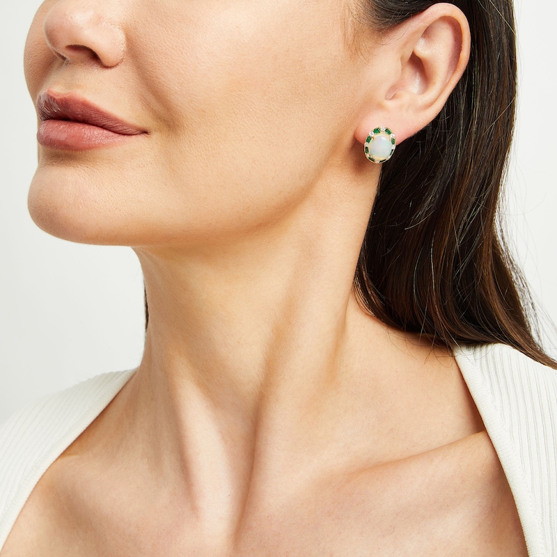 Main Image 2 of EFFY™ Collection Oval Opal, Emerald and 0.37 CT. T.W. Diamond Frame Earrings in 14K Gold