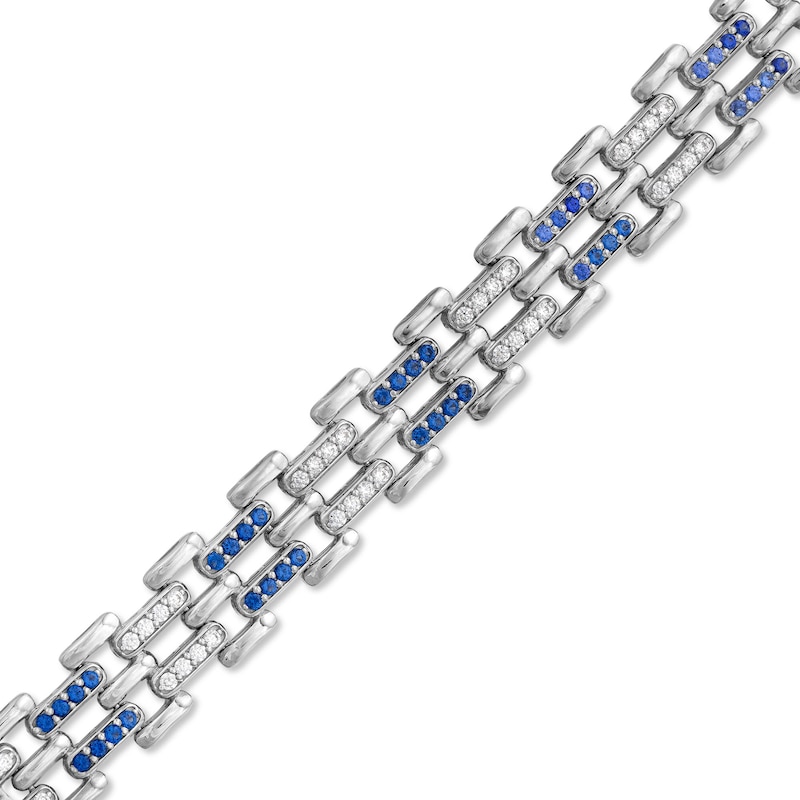 Main Image 1 of Men's Blue Sapphire and 1.50 CT. T.W. Diamond Link Bracelet in Sterling Silver