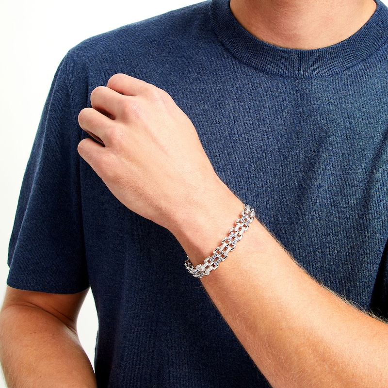 Main Image 2 of Men's Blue Sapphire and 1.50 CT. T.W. Diamond Link Bracelet in Sterling Silver