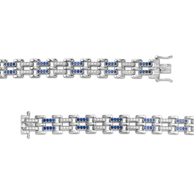 Main Image 3 of Men's Blue Sapphire and 1.50 CT. T.W. Diamond Link Bracelet in Sterling Silver