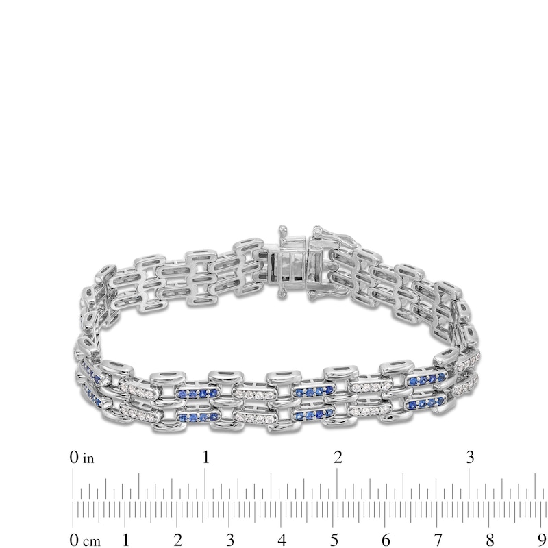 Main Image 4 of Men's Blue Sapphire and 1.50 CT. T.W. Diamond Link Bracelet in Sterling Silver