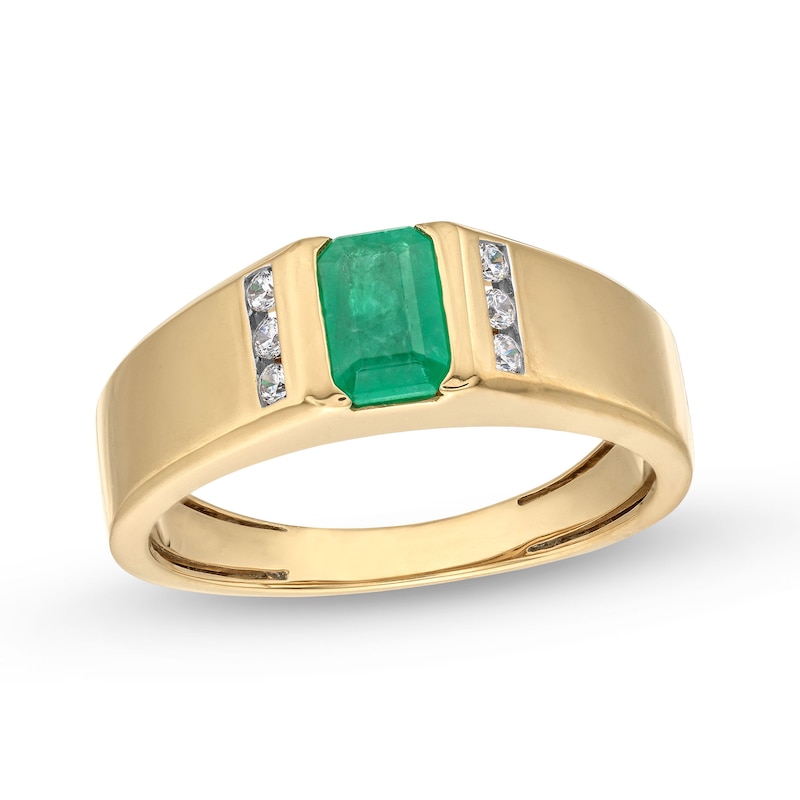 Men's Emerald-Cut Emerald and 0.12 CT. T.W. Diamond Collar Ring in 10K Gold|Peoples Jewellers