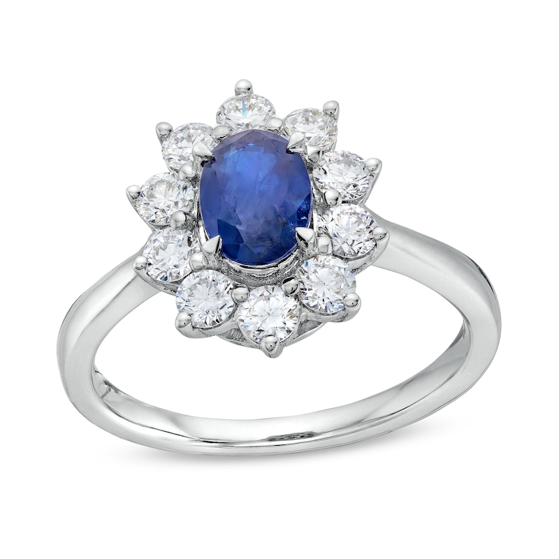 Oval Blue Sapphire and 0.75 CT. T.W. Certified Lab-Created Diamond  Frame Ring in 10K White Gold (F/SI2)|Peoples Jewellers