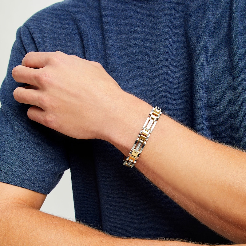 Main Image 2 of 0.15 CT. T.W. Diamond Link Bracelet in Stainless Steel with Yellow Ion-Plate - 8.5"