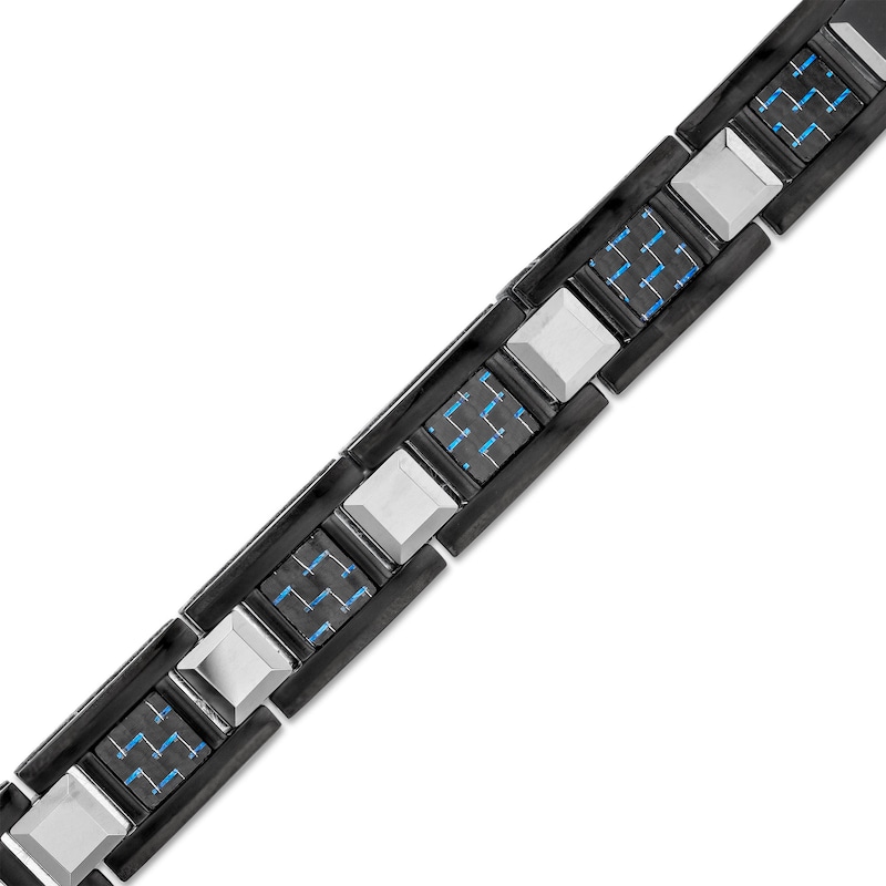 Men's Square Blue Carbon Fibre Link Bracelet in Stainless Steel with Black Ion-Plate|Peoples Jewellers