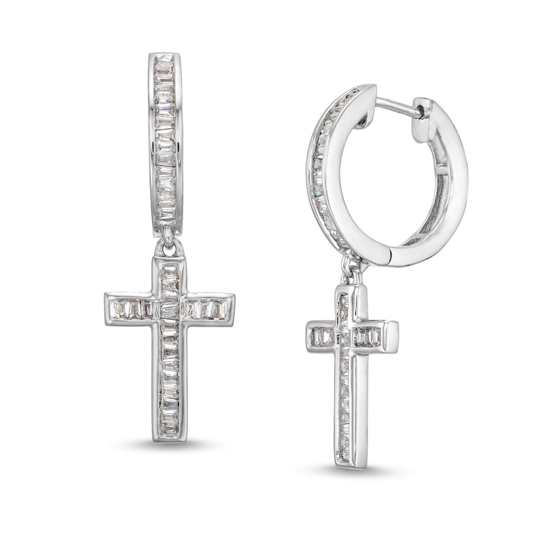 Main Image 1 of Men's 0.40 CT. T.W. Baguette Diamond Cross Dangle Hoop Earrings in 10K White Gold