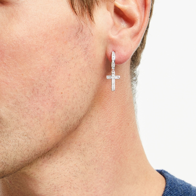 Main Image 2 of Men's 0.40 CT. T.W. Baguette Diamond Cross Dangle Hoop Earrings in 10K White Gold
