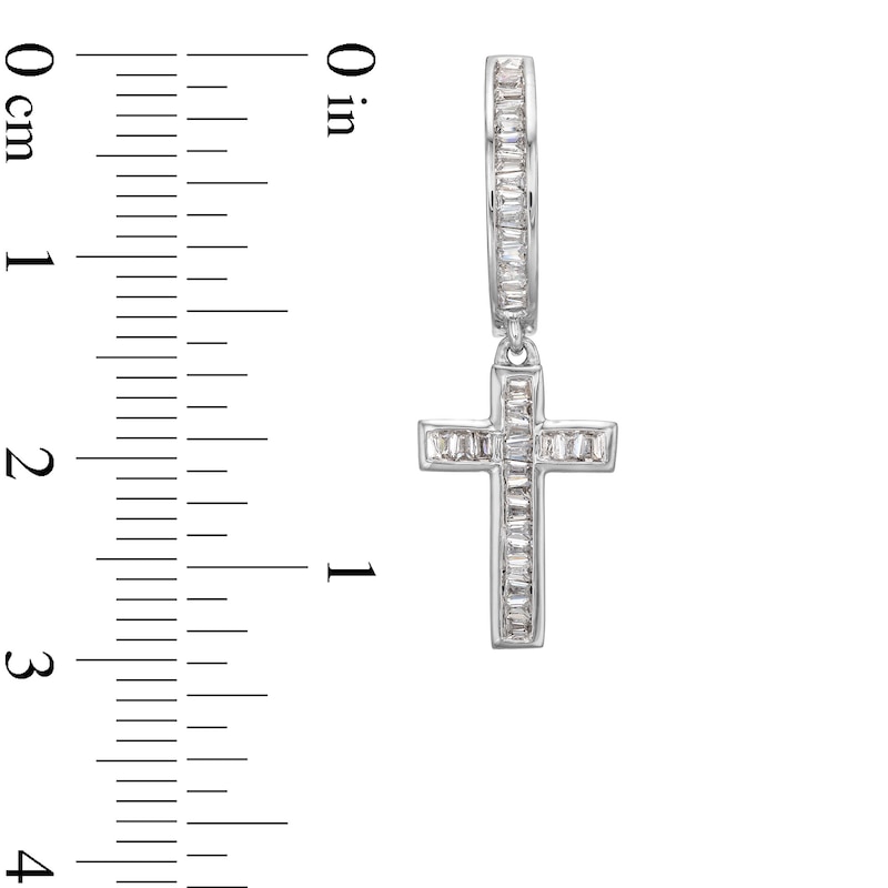 Main Image 3 of Men's 0.40 CT. T.W. Baguette Diamond Cross Dangle Hoop Earrings in 10K White Gold