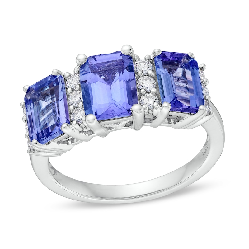 Main Image 1 of Emerald-Cut Tanzanite and 0.30 CT. T.W. Certified Lab-Grown Diamond Three Stone Ring in 10K White Gold (F/SI2)