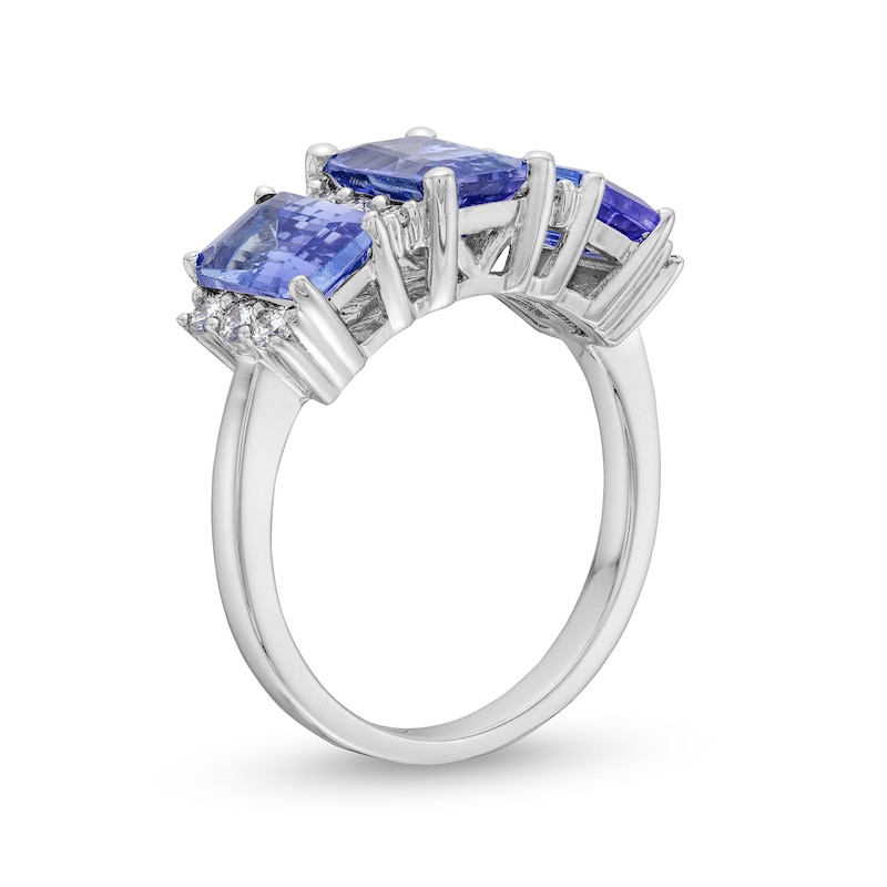 Main Image 3 of Emerald-Cut Tanzanite and 0.30 CT. T.W. Certified Lab-Grown Diamond Three Stone Ring in 10K White Gold (F/SI2)