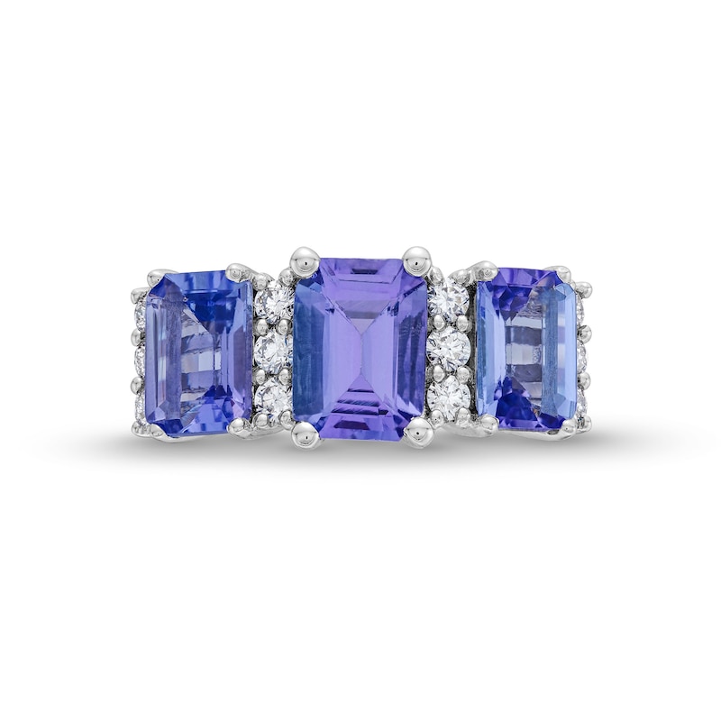 Main Image 4 of Emerald-Cut Tanzanite and 0.30 CT. T.W. Certified Lab-Grown Diamond Three Stone Ring in 10K White Gold (F/SI2)