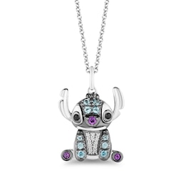 Disney Treasures Lilo & Stitch London Blue Topaz, Amethyst and Diamond Accent Stitch Necklace in Sterling Silver