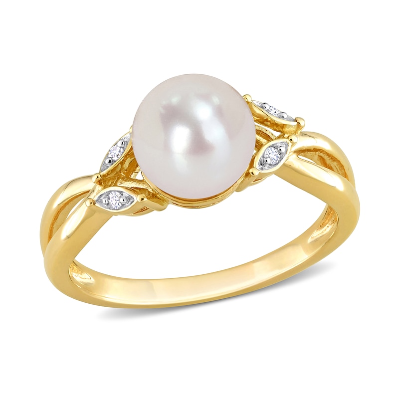 7.5-8.0mm Cultured Freshwater Pearl and Diamond Accent Split Shank Ring in 10K Gold|Peoples Jewellers