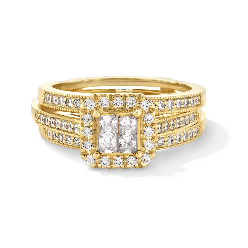 0.75 CT. T.W. Quad Princess-Cut Diamond Frame Vintage-Style Bridal Set in 10K Gold