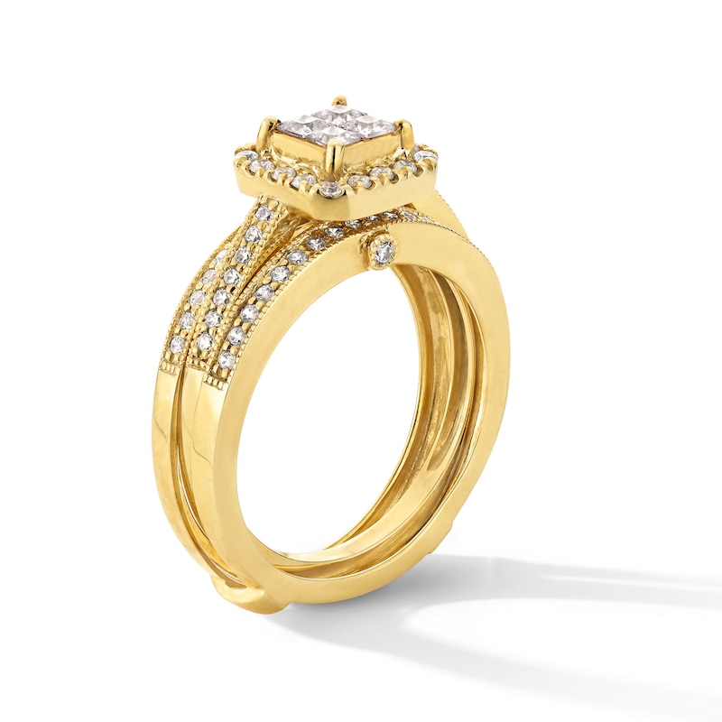 Main Image 3 of 0.75 CT. T.W. Quad Princess-Cut Diamond Frame Vintage-Style Bridal Set in 10K Gold