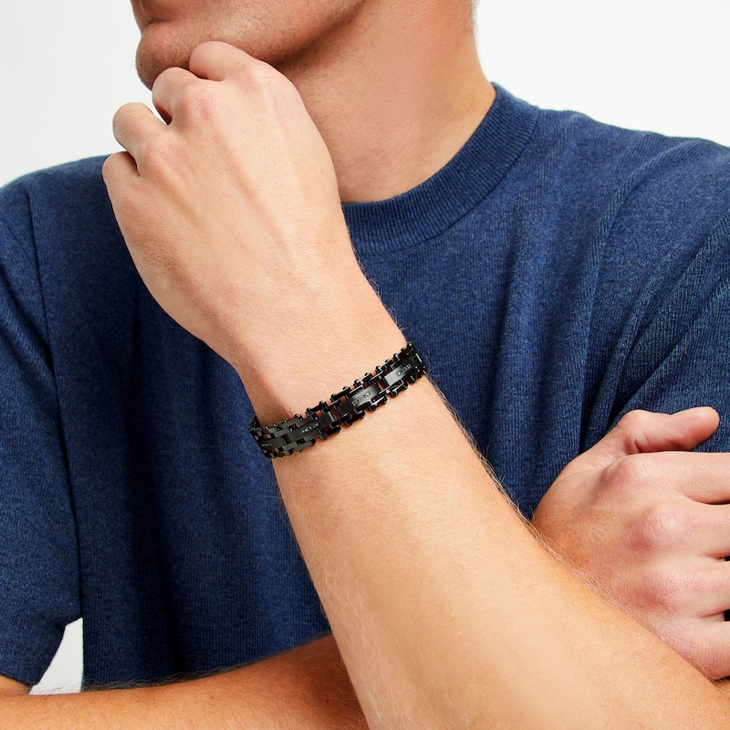 Main Image 2 of Men's 0.15 CT. T.W. Black Diamond Link Bracelet in Stainless Steel with Black Ion-Plate - 8.5"