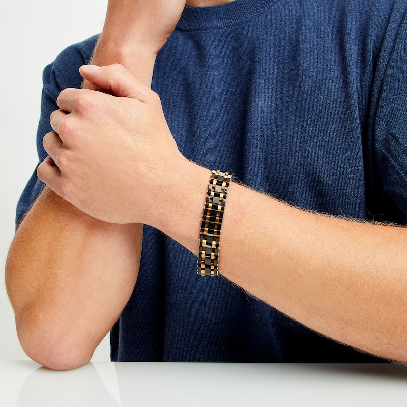 Main Image 2 of Men's Brick Link Bracelet in Stainless Steel with Black and Brown Ion-Plate - 8.25"