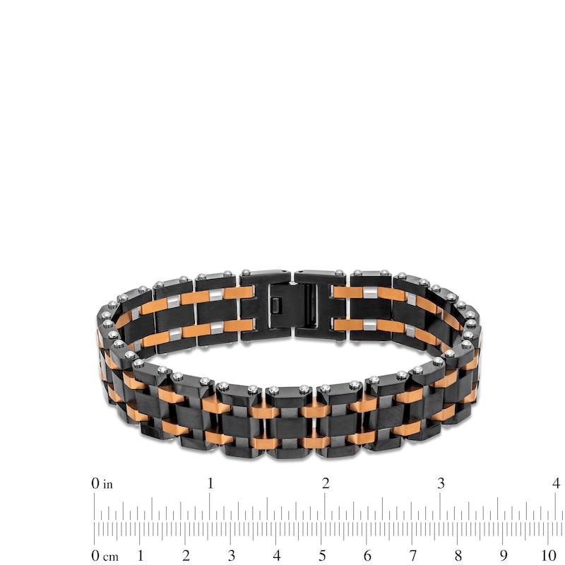 Main Image 4 of Men's Brick Link Bracelet in Stainless Steel with Black and Brown Ion-Plate - 8.25"
