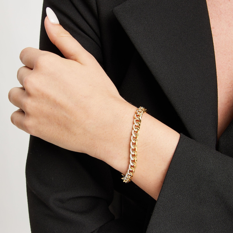 Main Image 2 of Men's 1.00 CT. T.W. Diamond Curb Chain Bracelet in Hollow 10K Gold - 8.5"