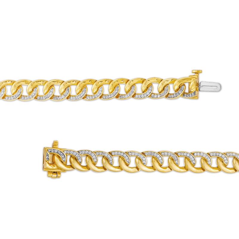 Main Image 3 of Men's 1.00 CT. T.W. Diamond Curb Chain Bracelet in Hollow 10K Gold - 8.5"