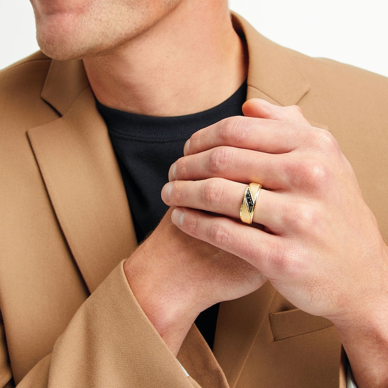 Main Image 2 of Men's 0.20 CT. T.W. Black Diamond Slanted Satin Band in 10K Gold