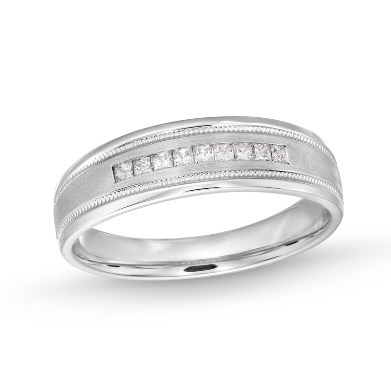 Main Image 1 of Men's 0.25 CT. T.W. Square-Cut Diamond Milgrain Edge Band in 10K White Gold
