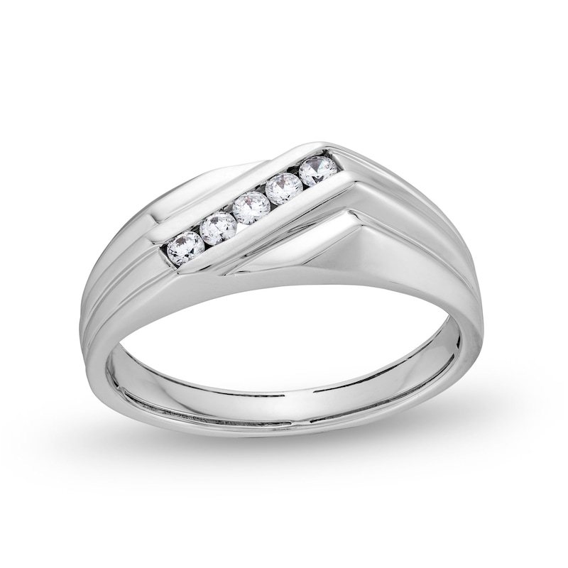 Men's 0.20 CT. T.W. Canadian Certified Diamond Five Stone Slant Groove Shank Band in 14K White Gold (I/I1)|Peoples Jewellers
