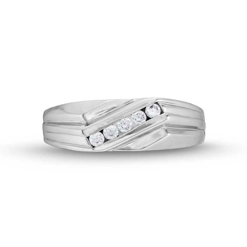 Main Image 4 of 0.20 CT. T.W. Canadian Certified Diamond Five Stone Slant Groove Shank Band in 14K White Gold (I/I1)