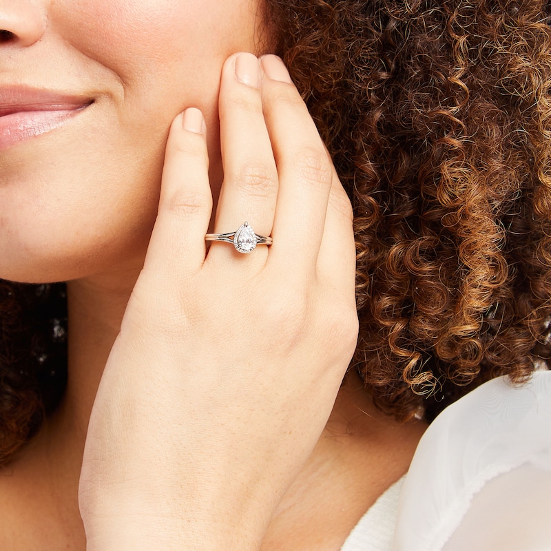 Main Image 2 of 0.75 CT. T.W. Pear-Cut Diamond Frame Engagement Ring in 14K White Gold (I/I1)