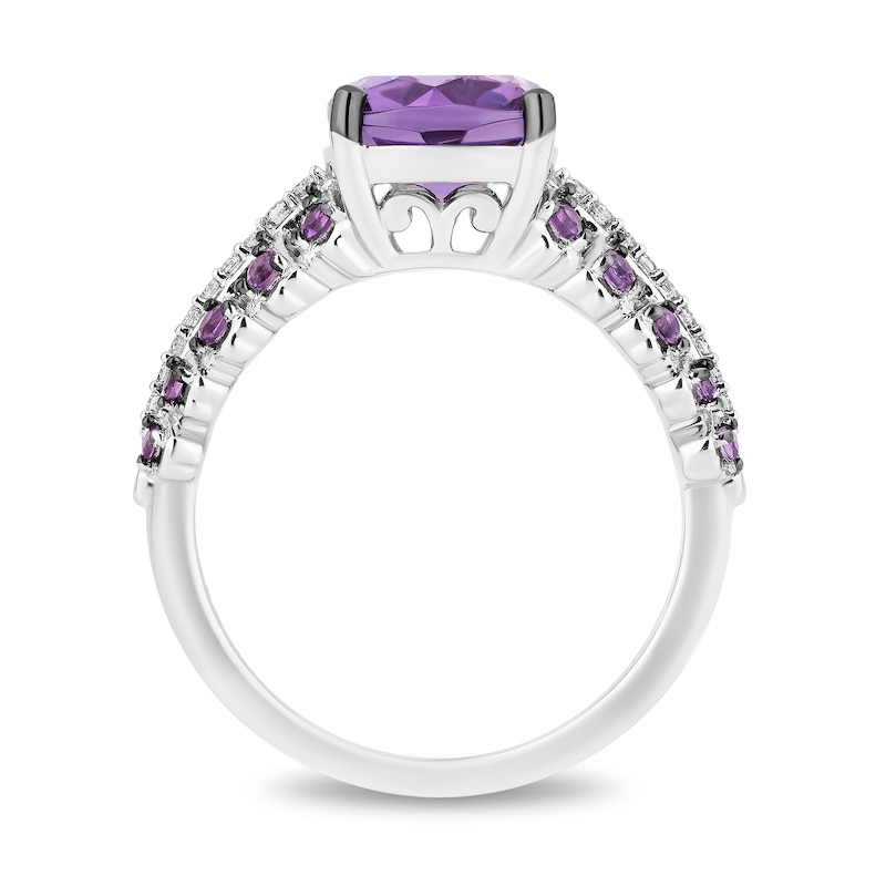 Main Image 3 of Enchanted Disney Wish Cushion-Cut and Round Amethyst with 0.085 CT. T.W. Diamond Ring in Sterling Silver