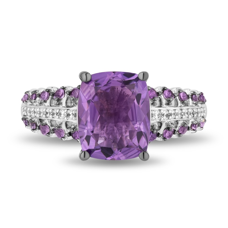 Main Image 4 of Enchanted Disney Wish Cushion-Cut and Round Amethyst with 0.085 CT. T.W. Diamond Ring in Sterling Silver