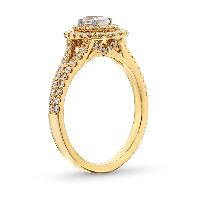 1.00 CT. T.W. Certified Oval Diamond Double Frame Split Shank Engagement Ring in 14K Gold (F/SI2)
