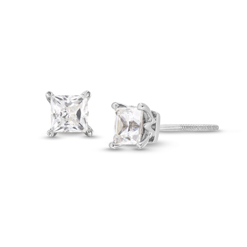 Main Image 1 of Trouvaille Collection 1.00 CT. T.W. DeBeers®-Graded Princess-Cut Diamond Solitaire Stud Earrings in 14K Gold (F/I1)
