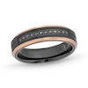 Thumbnail Image 0 of Men's 6.0mm Black Tungsten and 0.12 CT. T.W. Black Diamond Wedding Band with Rose-Tone Ion Plate - Size 10