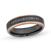 Thumbnail Image 1 of Men's 6.0mm Black Tungsten and 0.12 CT. T.W. Black Diamond Wedding Band with Rose-Tone Ion Plate - Size 10